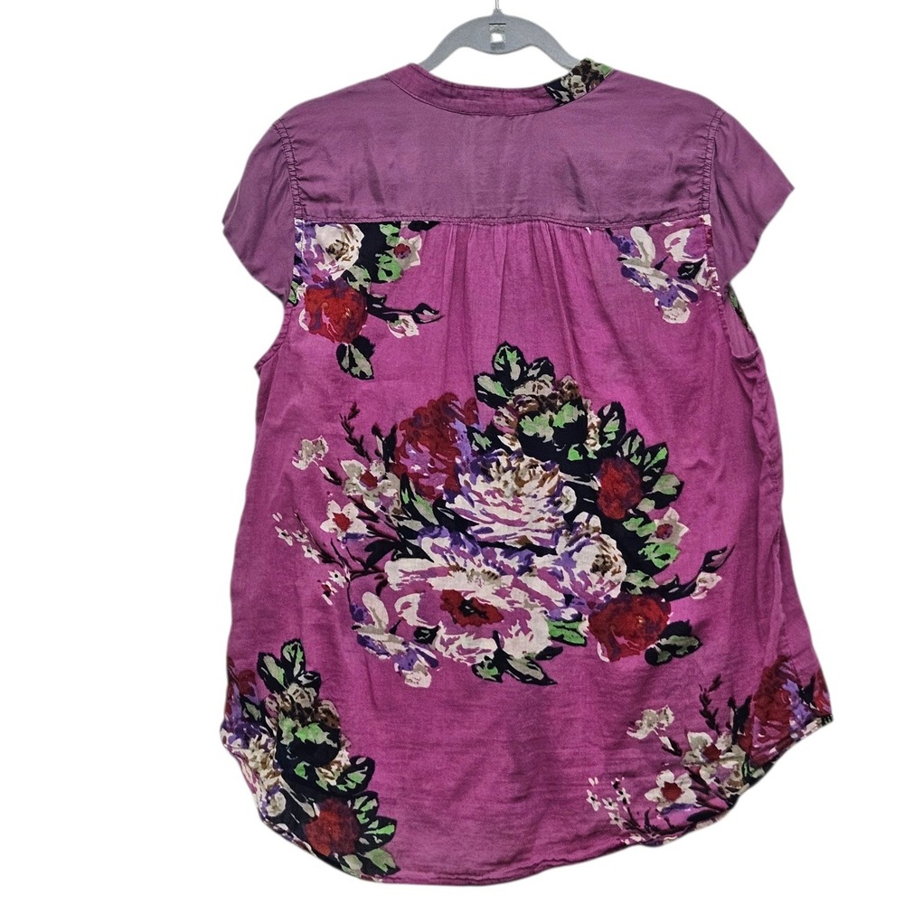Soft Surroundings Button Front Top PXL Purple Floral Silk Boho Sheer Blouse - Picture 2 of 7